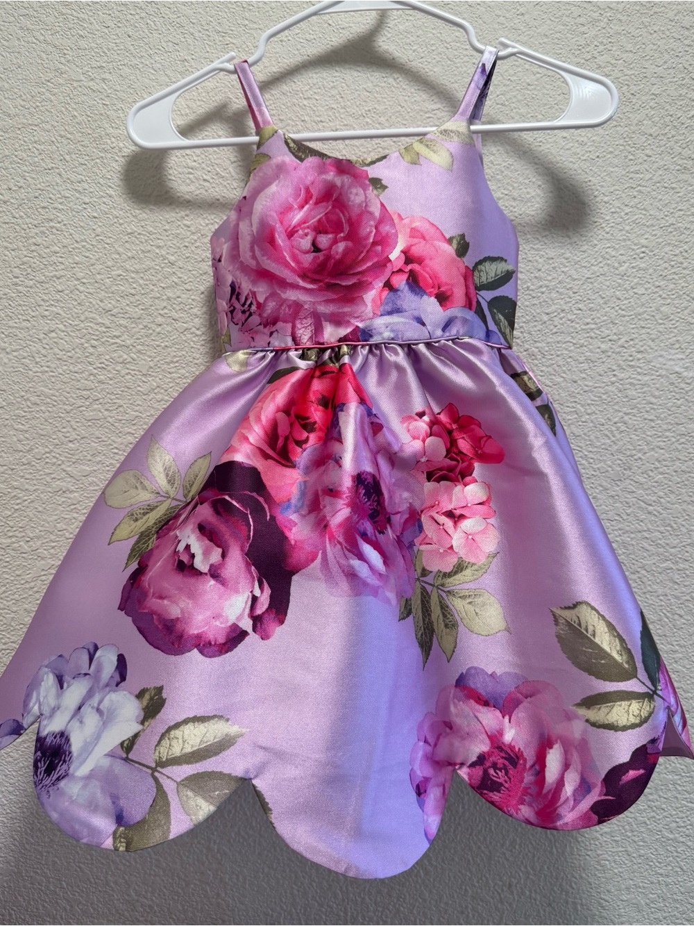 Nordstrom Lilac Floral Satin Party Dress with Pink and Purple Blooms